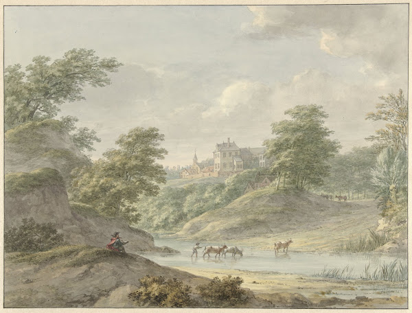 Landschap met zittende tekenaar en kasteel aan water 1754   1820