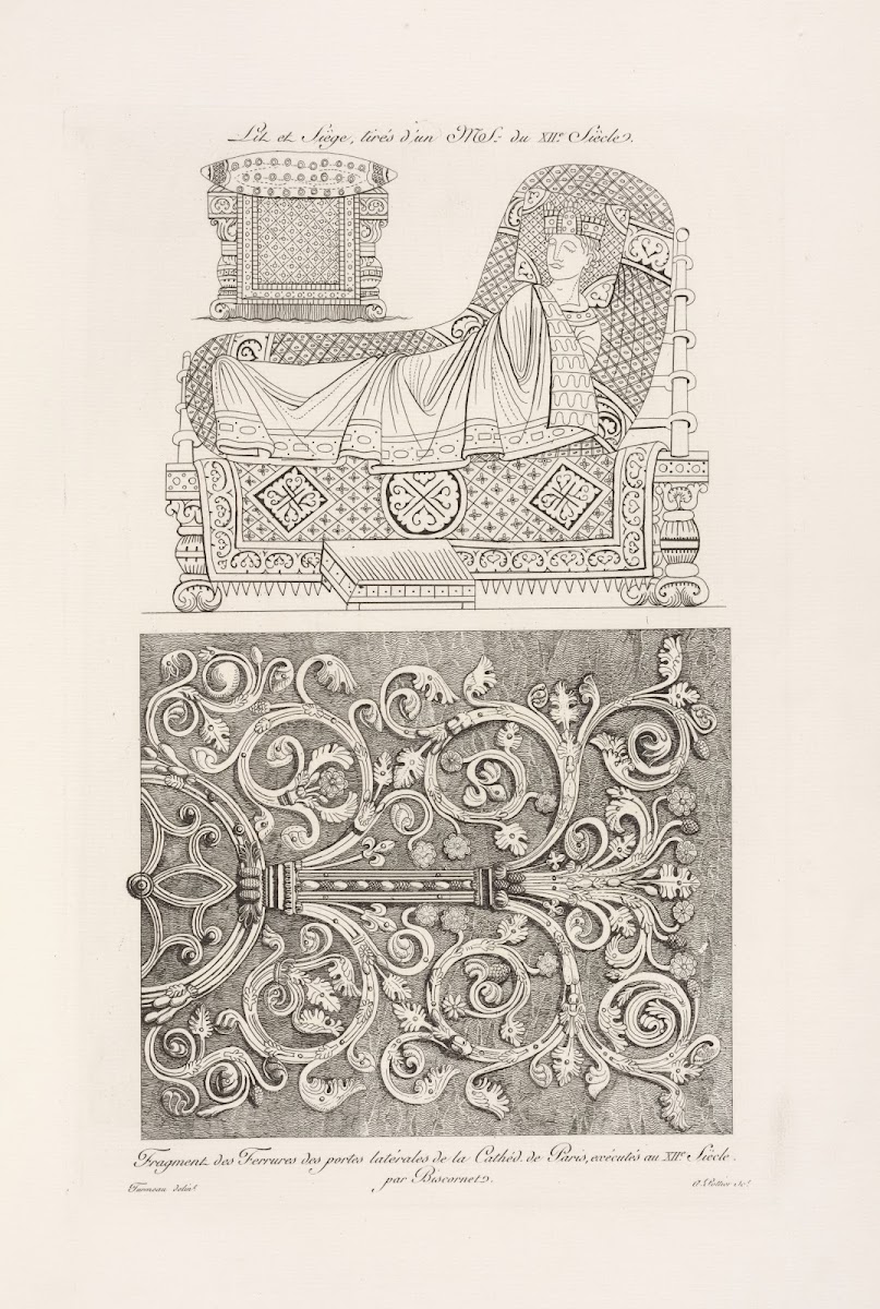 Lit et siège tirés dun MS du XIIe siècle fragment des ferrures des portes latéra