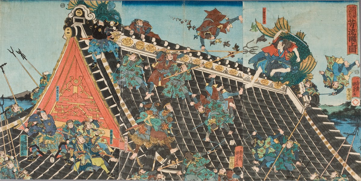 Battle on roof of Hōryūkaku from the Play Tale of the Eight Dogs Hakkenden 1854