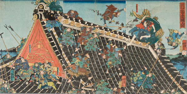 Battle on roof of Hōryūkaku from the Play Tale of the Eight Dogs Hakkenden 1854