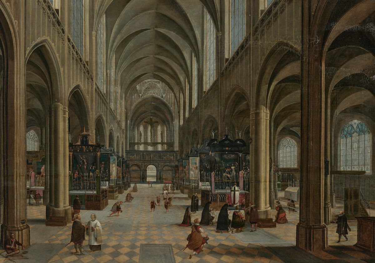 The interior of Antwerp Cathedral with figures attending a Mass 1587