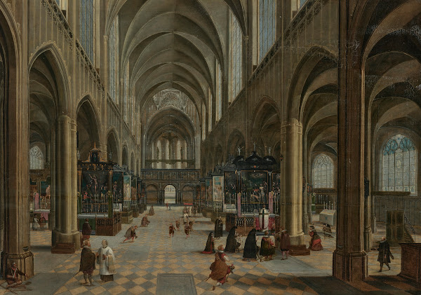 The interior of Antwerp Cathedral with figures attending a Mass 1587