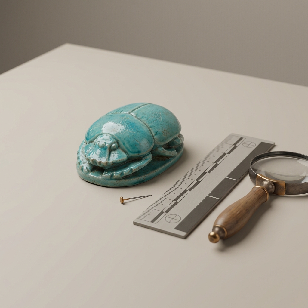 Studio close up of a faience scarab bezel with conservator scale ruler and magnifying glass on a neutral background, egyptian rings