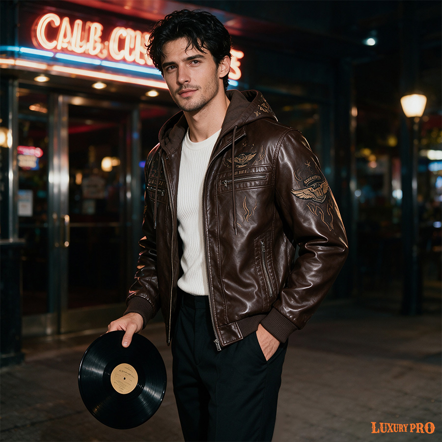 2D hooded leather jacket