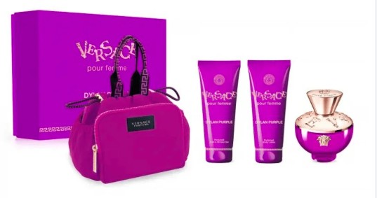 ESTUCHE VERSACE DYLAN PURPLE MUJER 4PZS 100ML EDP + GEL DE BAÑO + CREMA + COSMETIQUERA