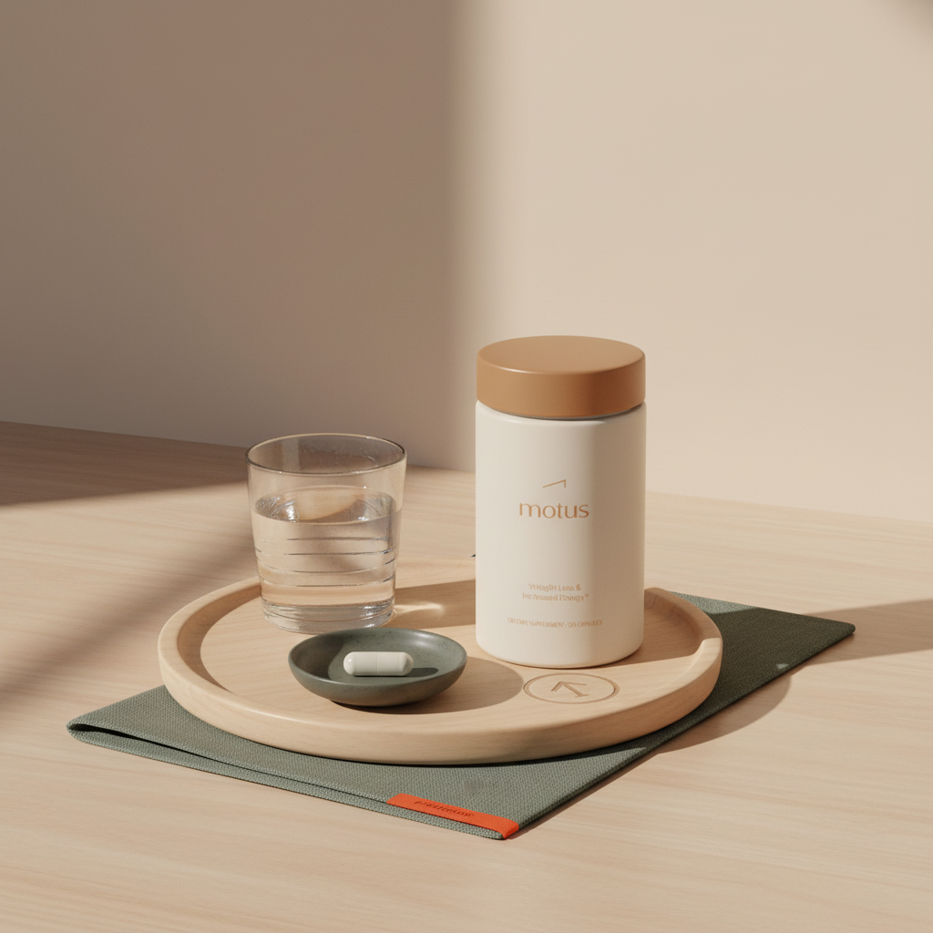 Minimalist shot of Tonum supplement bottle on a beige background beside a glass of water and capsule, promoting the best meal replacement powder