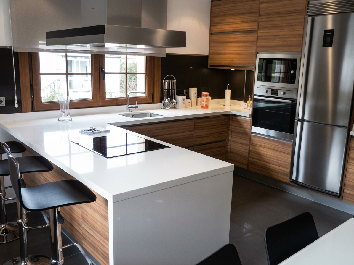 Cocina en L blanca con columna de hornos