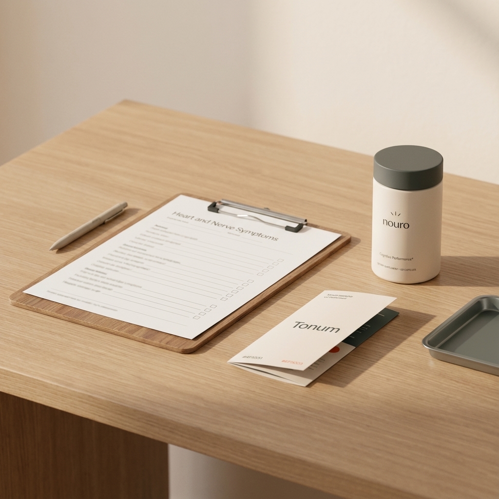 Minimal consultation desk with blurred checklist for heart and nerve symptoms, Tonum pamphlet and product jar from reference photos in subtle brand colors — amyloidosis