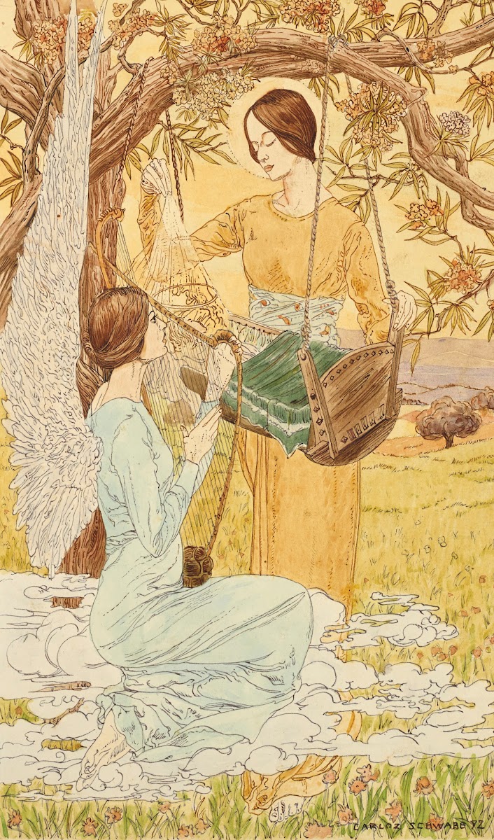 Two women with a cradle one of them winged