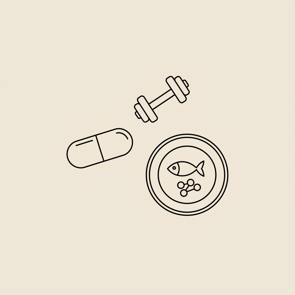 Minimalist Tonum-style line illustration of a capsule, small dumbbell, and plate with fish and berries on beige background, symbolizing strategies to lose weight without Ozempic.