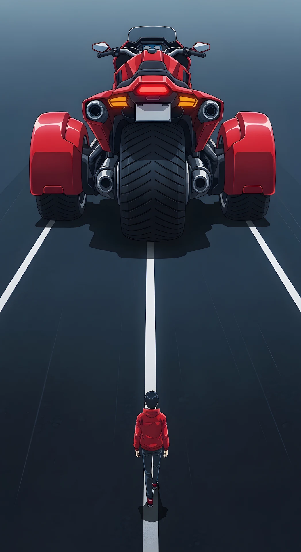 Anime Character Walking Away from Huge Red Futuristic Motorcycle Illustration - Free 4K mobile Wallpaper