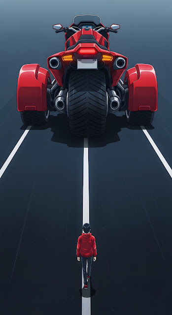 Anime Character Walking Away from Huge Red Futuristic Motorcycle Illustration - Free mobile Wallpaper