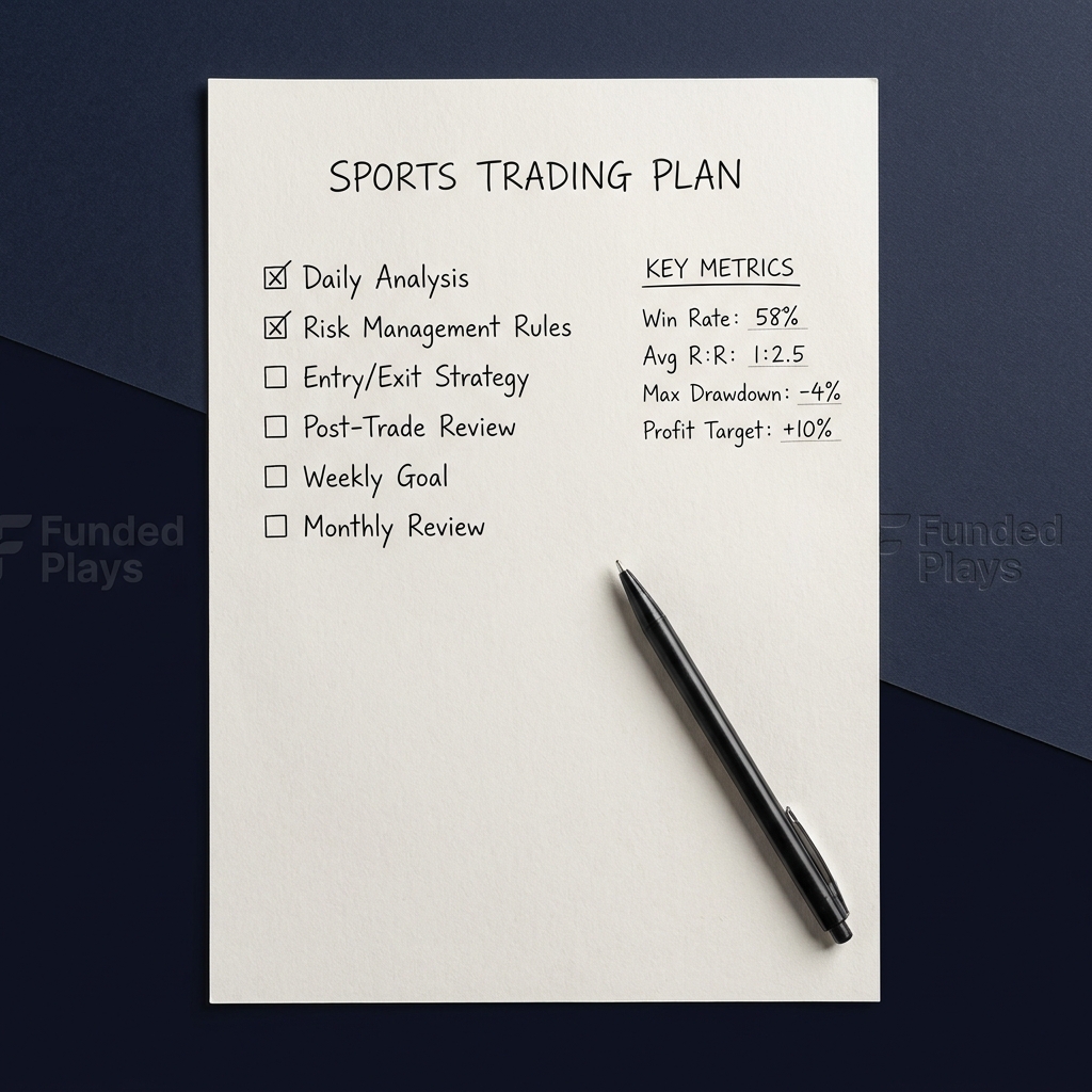 Close up one page sports trading plan with handwritten checkboxes and pen showing What Professional Habits Can Sports Traders Learn from Financial Markets in a clean Funded Plays look