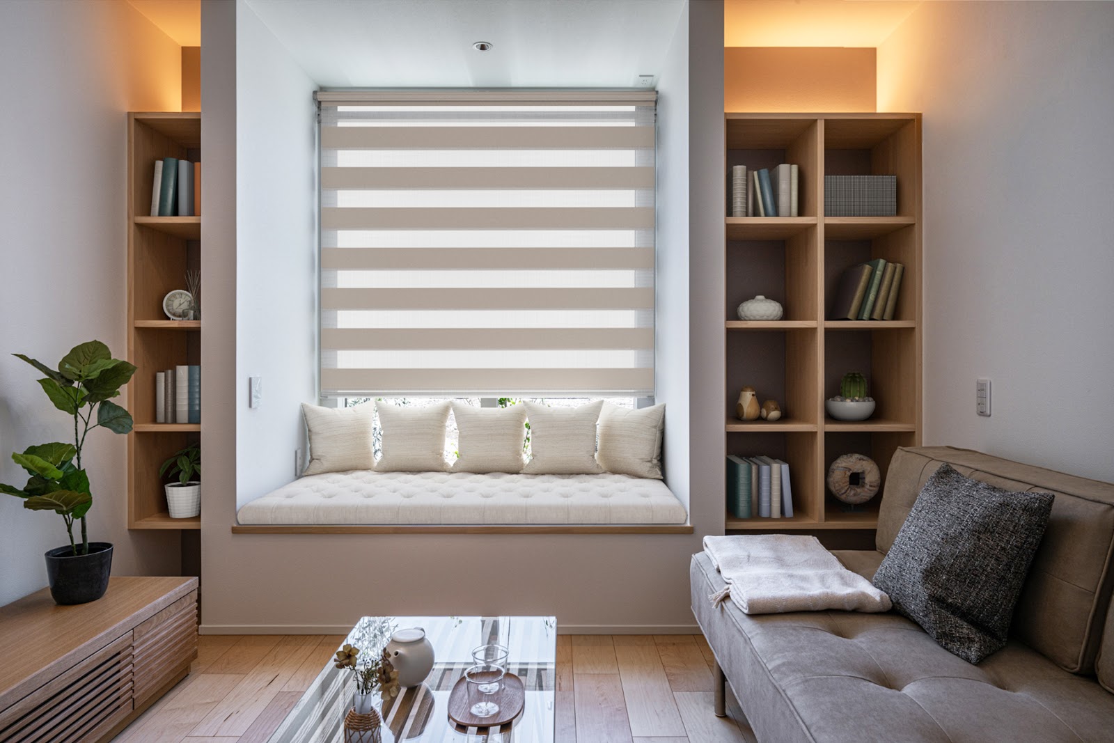 日中の照明の様子、STEP01：ナチュラ、STEP2：ヌック、STEP3：オーダークッション