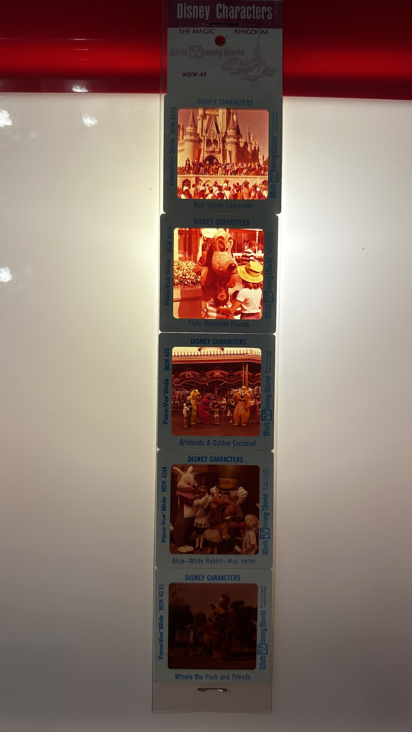 GAF Pana-Vue 35mm slide set WDW-43 featuring Walt Disney World characters including Cinderella Castle, Pluto, Aristocats, Alice, and Winnie the Pooh