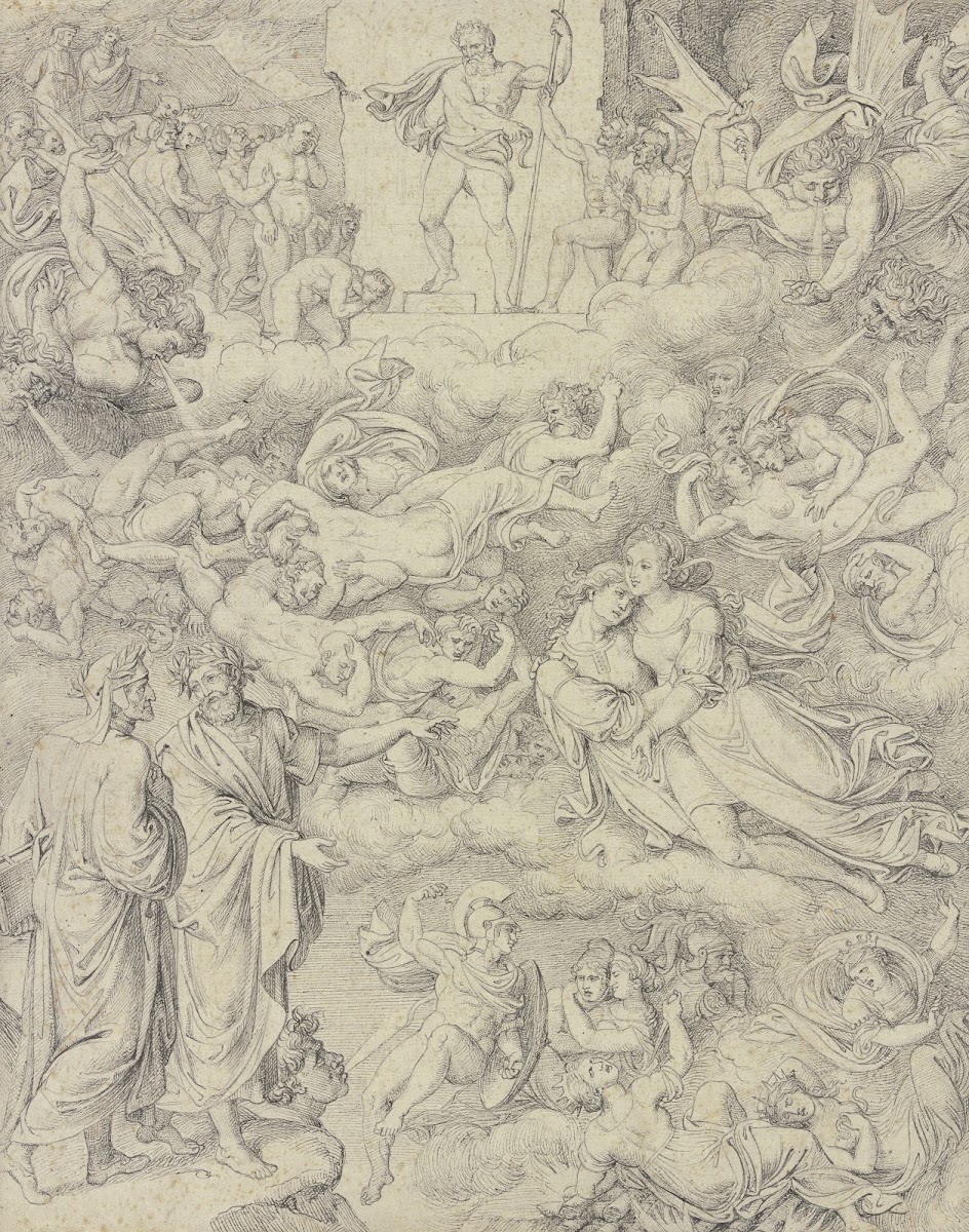 Dante und Vergil erblicken Paolo und Francesca oben der Höllenrichter Minos 1805