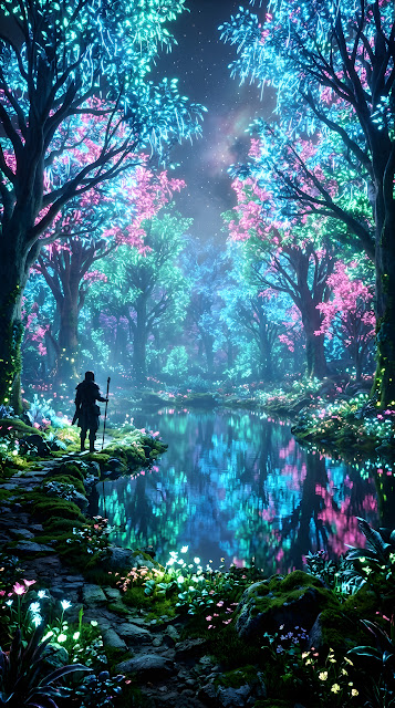 Hyper-Realistic Bioluminescent Forest with Radiant Pond and Wanderer - Free mobile Wallpaper