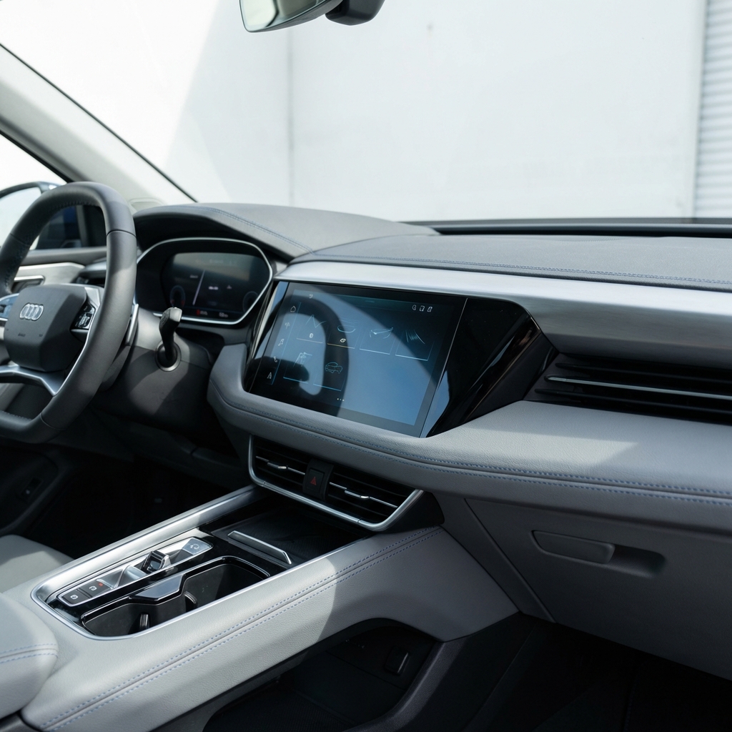 Close up interior view of Audi Q5 dashboard and infotainment screen highlighting premium leather and clear display for audi q5 for sale