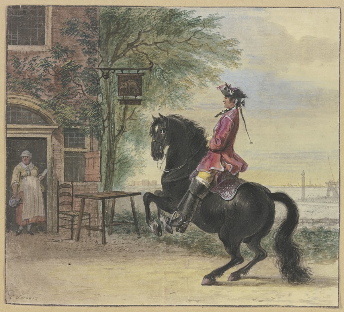 Ein Reiter mit Dreispitz und Zopf im Hintergrund eine Kanallandschaft
