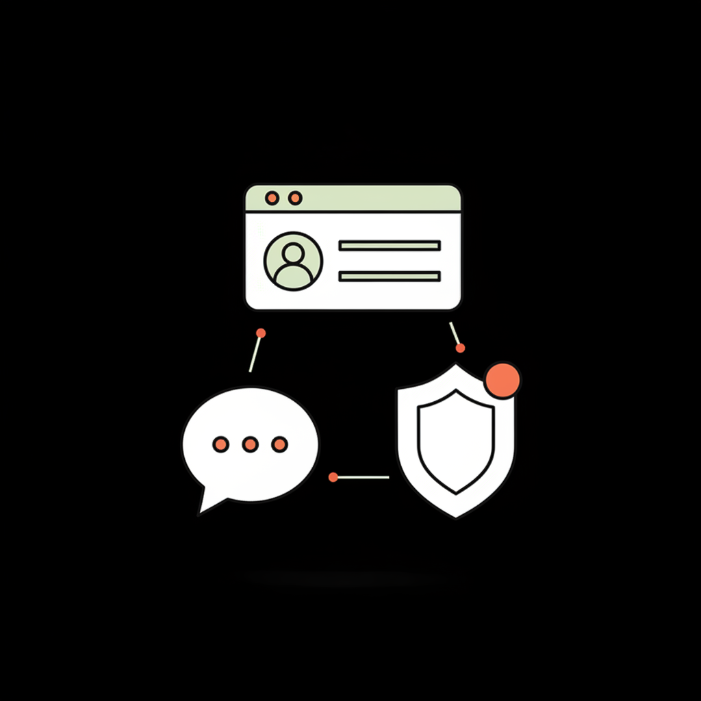 Minimal vector infographic of a search result snippet, speech bubble, and shield icon representing fake reviews monitoring and protection in Social Success Hub brand colors.