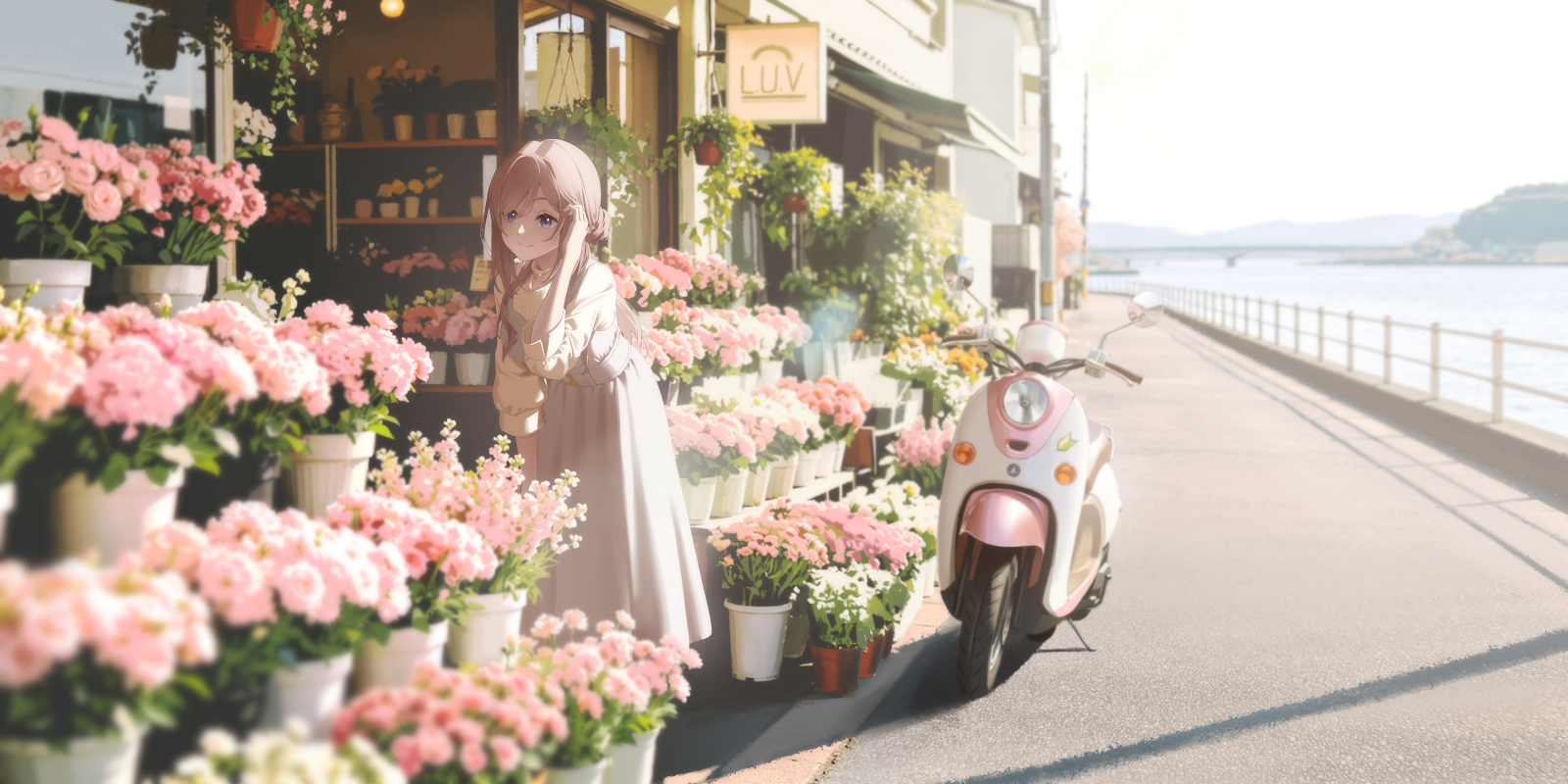 Anime Girl Outside Flower Shop - Digital Anime Art 4K Wallpaper (4948x2474)