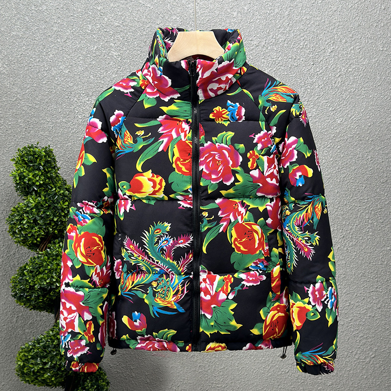 Padded winter jacket with floral pattern, unisex