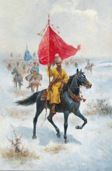 Cossacks on Horseback Bearing a Standard in a Winter Landscape