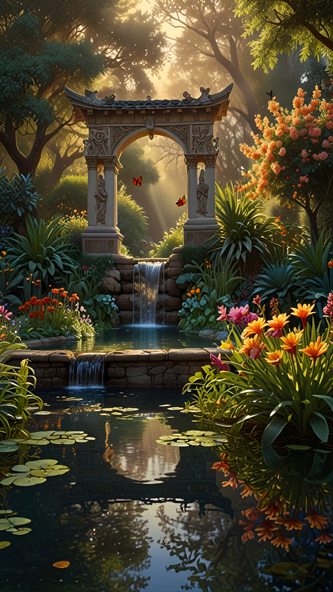 Tranquil Asian Garden Archway Waterfall Pond - Free 4K mobile Wallpaper