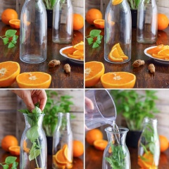 Nghệ, lá húng quế, cam rửa sạch. Cam thái lát mỏng, bỏ hạt nếu có. Cho cam, nghệ, lá húng quế vào bình thủy tinh sạch, rót nước vào. Đậy nắp lại và để trong tủ lạnh qua đêm.