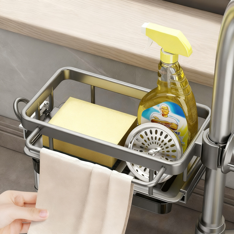 Aluminum sink organizer with draining tray
