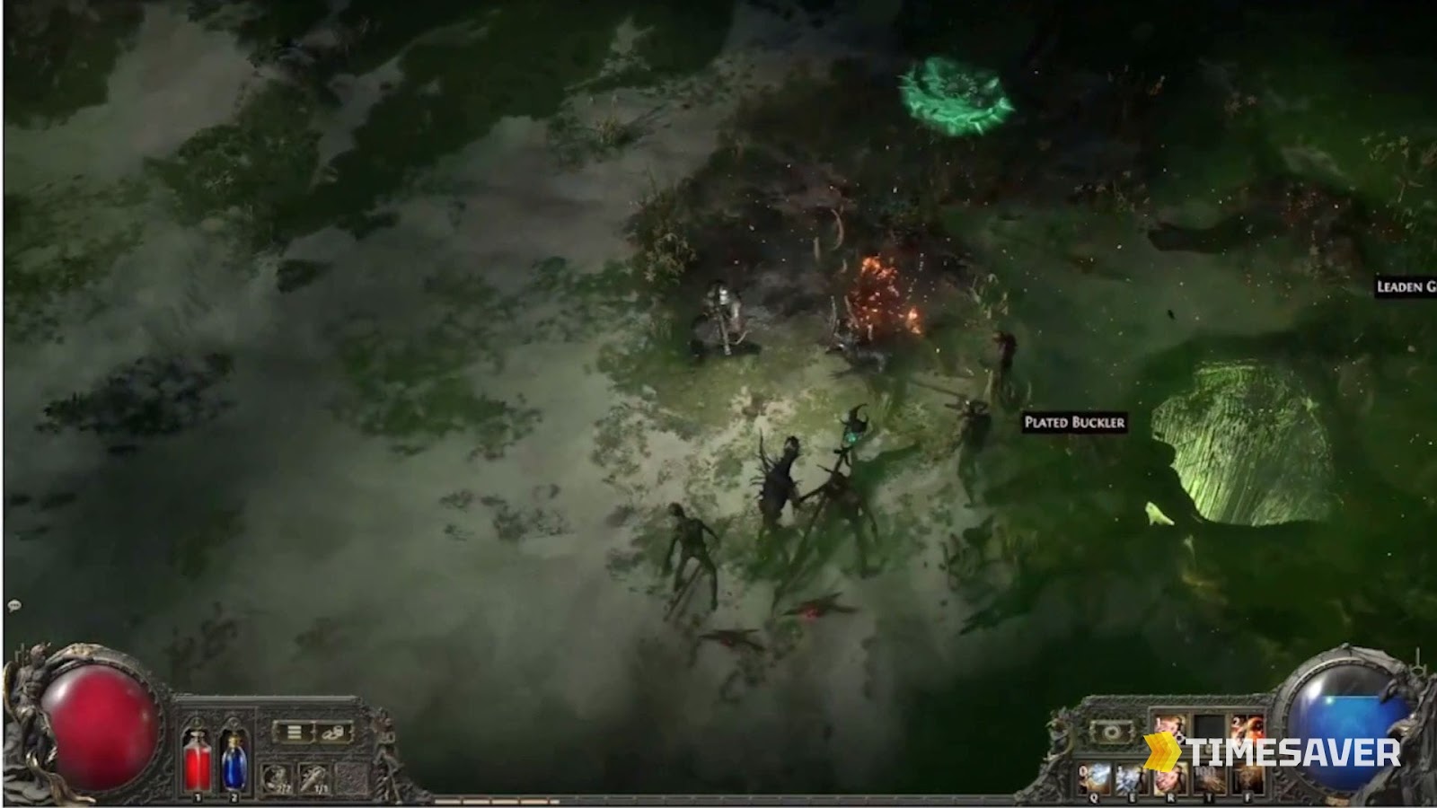 PoE2 Abyss encounter — a glowing pit and monster packs in a dark map, the top currency-per-hour farm in 0.5.3
