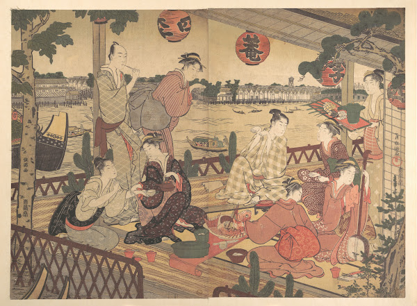 Two Young Men and Several Women Dining at a Tea house on the Bank of the Sumida