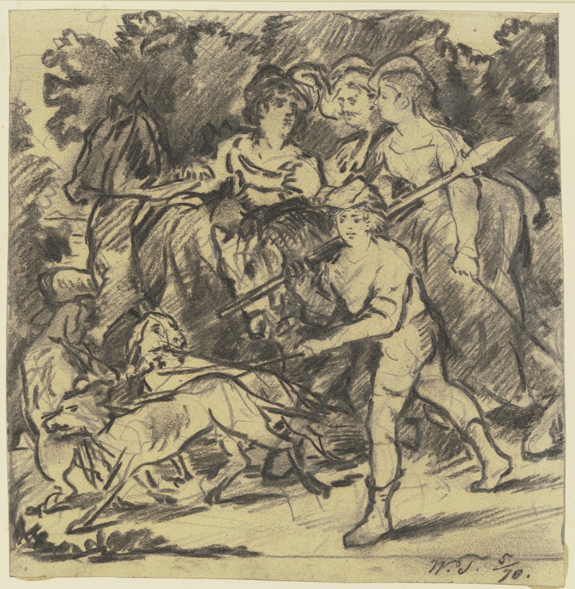 Zwei Edelfräulein und ein Knappe reiten auf die Jagd dabei Bursche und Rüden 187