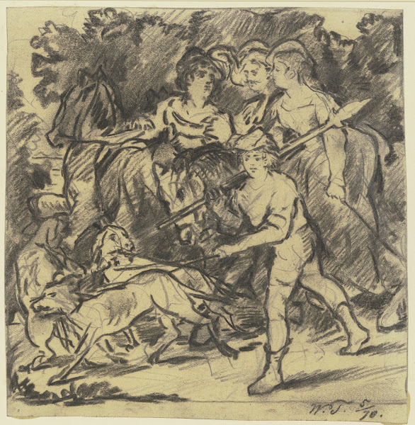 Zwei Edelfräulein und ein Knappe reiten auf die Jagd dabei Bursche und Rüden 187