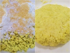 Cho vào khoai 100gr bột nếp + 50gr đường, đảo đều rồi nhào thành một khối bột mịn. Nặn bột thành hai loại viên tròn to và nhỏ rồi cho vào nồi hấp chín. Lăn viên bánh đã hấp qua đĩa vụn dừa