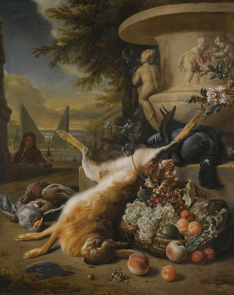 A Still Life Of Game Birds Grouse A Hare And A Kingfisher With A Basket Of Fruit