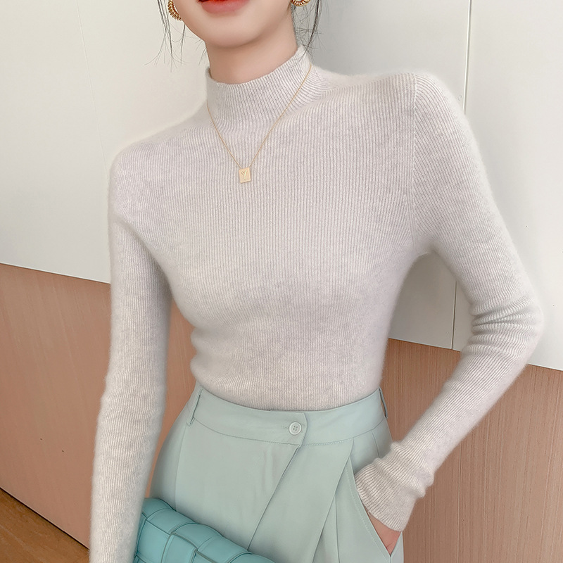 Women's cashmere sweater, stand-up collar, slim fit