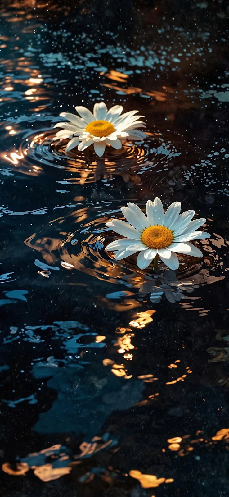 Daisies Floating On Rippling Water - Macro Photography Full HD iPhone Wallpaper (1080x2341)