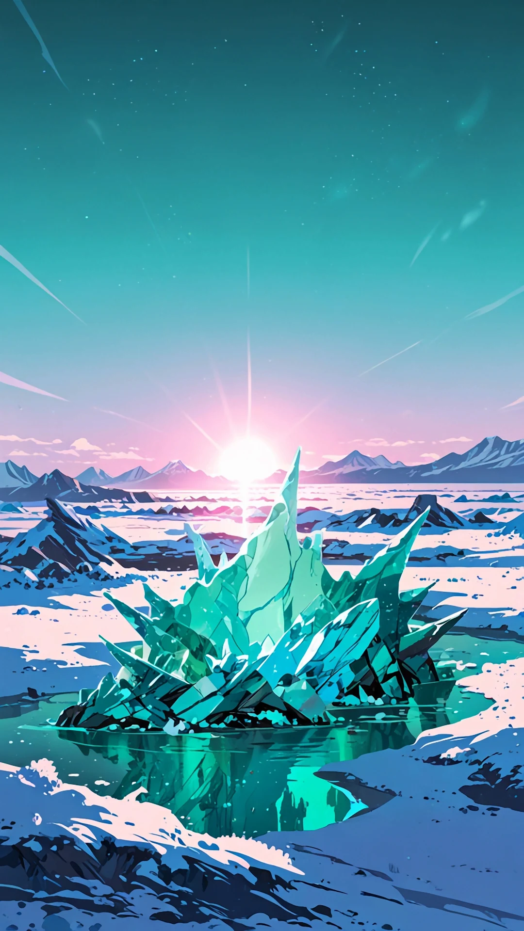 Turquoise Crystal Shards in Arctic Sunrise Landscape - Free 4K mobile Wallpaper
