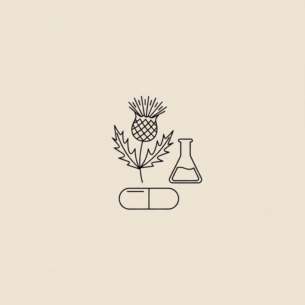 Minimalist vector line illustration of a milk thistle flower, a capsule, and a lab flask on a beige background — how long does milk thistle take to help your liver