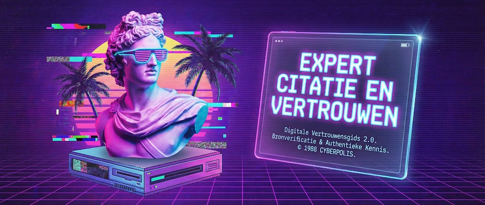 Vaporwave standbeeld met neon zonnebril die expert citatie en Optimalisatie AI representeert