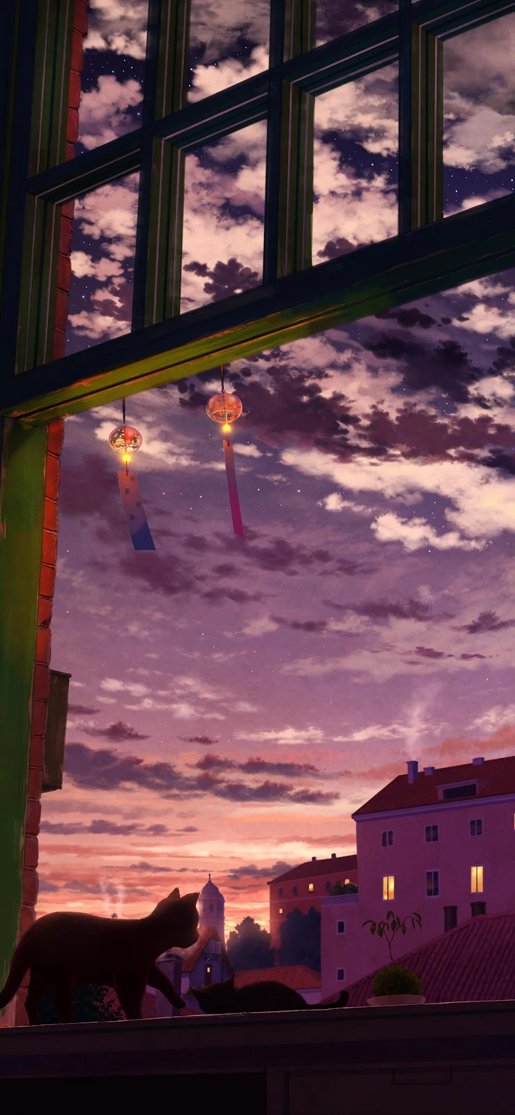 Sunset Window View With Cat - Digital Illustration 2K iPhone Wallpaper (1882x4077)