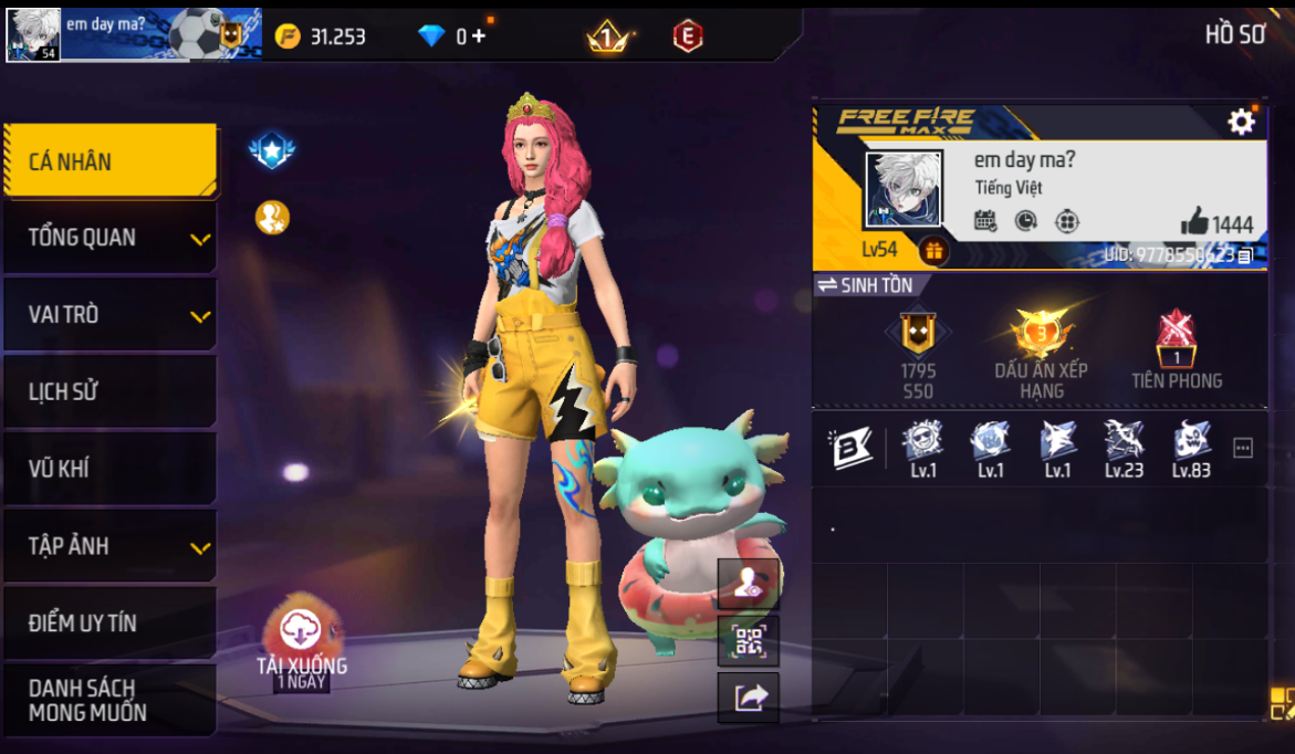 Acc Free Fire level 54, vũ khí súng nhiều, acc chơi lâu, có...