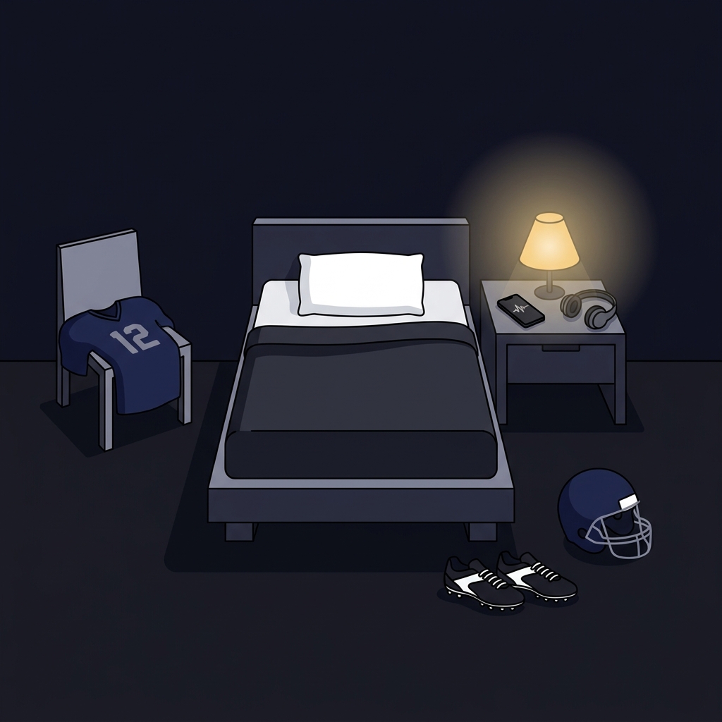 Minimal 2D vector hotel room with bed, bedside smartphone showing waveform and headphones, football helmet and cleats arranged to imply a player resting, calm scene illustrating How Travel Affects College Football Teams
