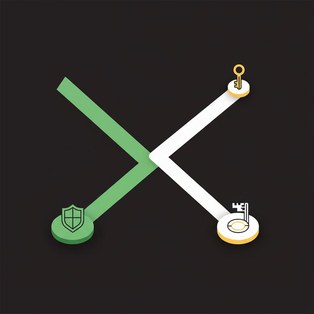 Minimal 2D vector showing two diverging paths with shield icon and key icon illustrating custody tradeoffs for a crypto trading app on a dark background