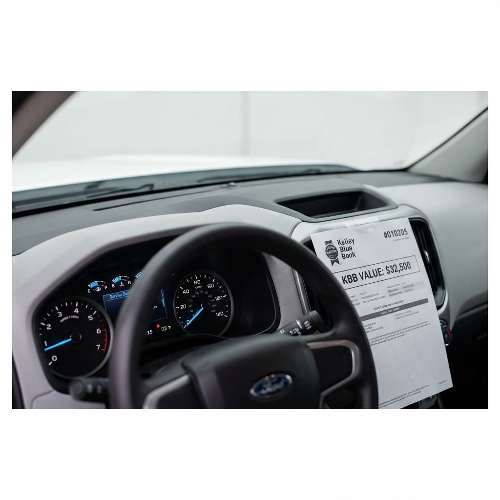 Close up of truck instrument cluster with mileage readout and a printed kelley blue book value truck sheet placed beside it on a clean white interior background
