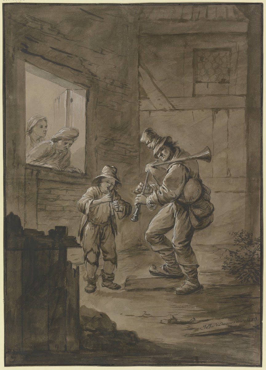 Vor einem Haus stehen ein Dudelsackpfeifer und ein flötender Knabe 1773