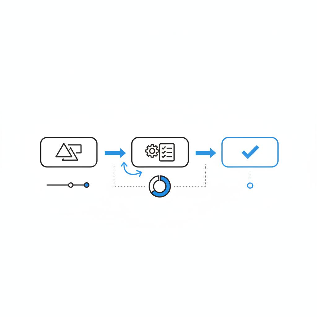 2D vector overhead flowchart of ad submission process (creative → review → approved) with minimalist sketches in #39383f and #1a5bfb accents on a white background to approve ads