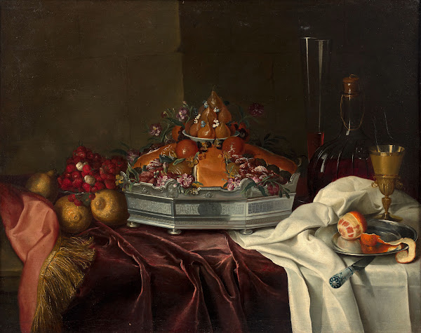 Silver epergne with candied fruits and brioche wild strawberries and carafe on a
