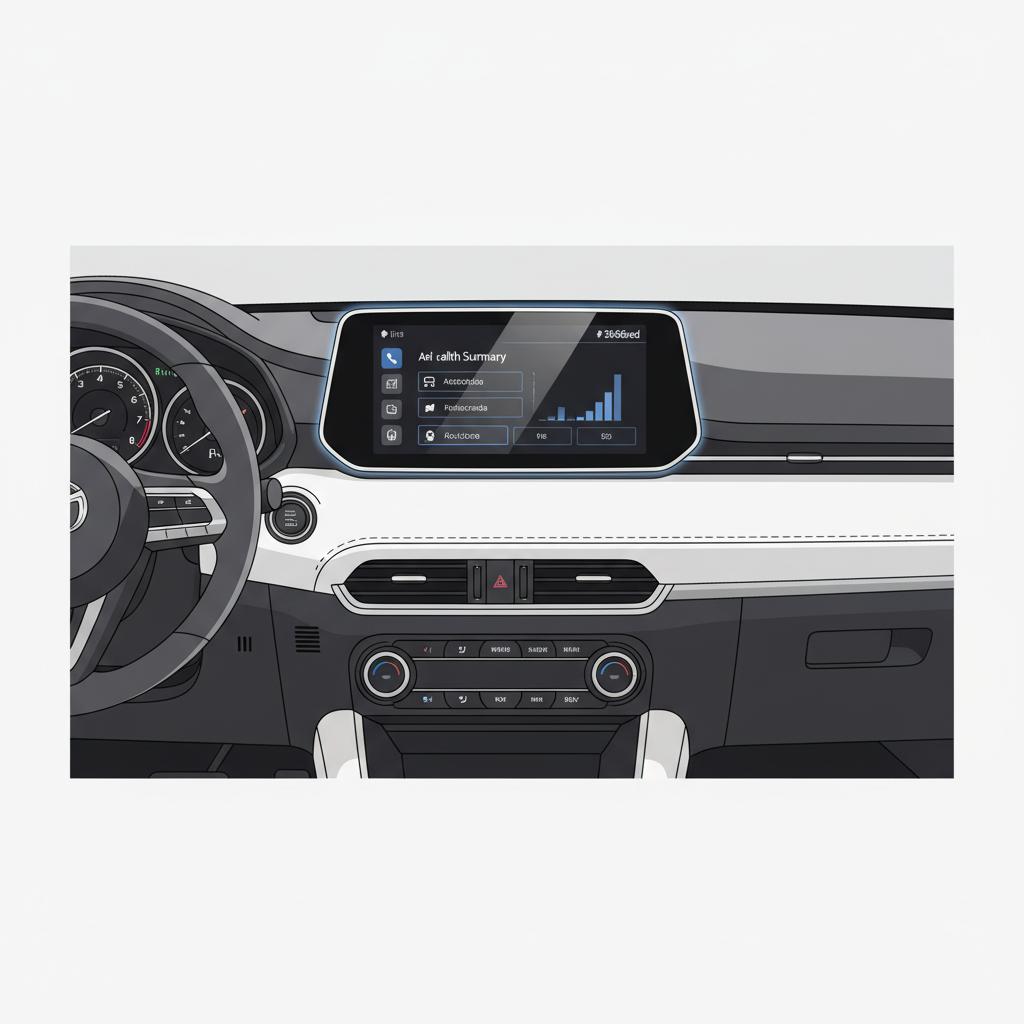Minimal 2D vector Mazda dashboard showing infotainment screen and instrument cluster with vehicle health summary and faint blue accent glow 3666ed on white background for mazda car problems article